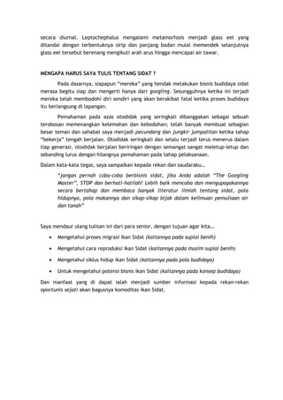 secara diurnal. Leptochephalus mengalami metamorfosis menjadi glass eel yang
ditandai dengan terbentuknya sirip dan panjang badan mulai memendek selanjutnya
glass eel tersebut berenang mengikuti arah arus hingga mencapai air tawar.

MENGAPA HARUS SAYA TULIS TENTANG SIDAT ?
Pada dasarnya, siapapun “mereka” yang hendak melakukan bisnis budidaya sidat
merasa begitu siap dan mengerti hanya dari googling. Sesungguhnya ketika ini terjadi
mereka telah membodohi diri sendiri yang akan berakibat fatal ketika proses budidaya
itu berlangsung di lapangan.
Pemahaman pada azas otodidak yang seringkali dibanggakan sebagai sebuah
terobosan memenangkan kelemahan dan kebodohan; telah banyak membuat sebagian
besar teman dan sahabat saya menjadi pecundang dan jungkir jumpalitan ketika tahap
“bekerja” tengah berjalan. Otodidak seringkali dan selalu terjadi terus menerus dalam
tiap generasi, otodidak berjalan beriringan dengan semangat sangat meletup-letup dan
sebanding lurus dengan hilangnya pemahaman pada tahap pelaksanaan.
Dalam kata-kata tegas, saya sampaikan kepada rekan dan saudaraku…
“jangan pernah coba-coba berbisnis sidat, jika Anda adalah “The Googling
Master”, STOP dan berhati-hatilah! Lebih baik mencoba dan mengupayakannya
secara bertahap dan membaca banyak literatur ilmiah tentang sidat, pola
hidupnya, pola makannya dan sikap-sikap bijak dalam keilmuan pemuliaan air
dan tanah”

Saya mendaur ulang tulisan ini dari para senior, dengan tujuan agar kita…
•

Mengetahui proses migrasi ikan Sidat (kaitannya pada suplai benih)

•

Mengetahui cara reproduksi ikan Sidat (kaitannya pada musim suplai benih)

•

Mengetahui siklus hidup ikan Sidat (kaitannya pada pola budidaya)

•

Untuk mengetahui potensi bisnis ikan Sidat (kaitannya pada konsep budidaya)

Dan manfaat yang di dapat ialah menjadi sumber informasi kepada rekan-rekan
oportunis sejati akan bagusnya komoditas ikan Sidat.

 