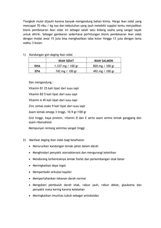 Tiongkok mulai dijauhi karena banyak mengandung bahan kimia. Harga ikan sidat yang
mencapai 70 ribu / kg nya dan kebutuhan yang jauh melebihi supplai tentu menjadikan
bisnis pembesaran ikan sidat ini sebagai salah satu bidang usaha yang sangat layak
untuk dilirik. Sebagai gambaran sederhana perhitungan bisnis pembesaran ikan sidat
dengan modal awal 15 juta bisa menghasilkan laba kotor hingga 13 juta dengan lama
waktu 3 bulan.

1)

Kandungan gizi daging ikan sidat
IKAN SIDAT

IKAN SALMON

DHA

1.337 mg / 100 gr

820 mg / 100 gr

EPA

742 mg / 100 gr

492 mg / 100 gr

Dan mengandung :
Vitamin B1 25 kali lipat dari susu sapi
Vitamin B2 5 kali lipat dari susu sapi
Vitamin A 45 kali lipat dari susu sapi
Zinc (emas otak) 9 kali lipat dari susu sapi
Asam lemak omega 3 tinggi, 10.9 gr/100 gr
Gizi tinggi, kaya protein, vitamin D dan E serta asam amino lemak ganggang dan
asam ribonukleat
Mempunyai rentang salinitas sangat tinggi

2)

Manfaat daging ikan sidat bagi kesehatan
• Menurunkan kandungan lemak jahat dalam darah
• Menghindari penyakit aterosklerosis dan mengurangi keletihan
• Mendorong terbentuknya lemak fosfat dan perkembangan otak besar
• Meningkatkan daya ingat
• Memperbaiki sirkulasi kapiler
• Mempertahankan tekanan darah normal
• Mengobati pembuluh darah otak, rabun jauh, rabun dekat, glaukoma dan
penyakit mata kering karena kelelahan
• Meningkatkan imunitas tubuh sebagai antioksidan

 