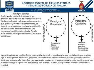 Paradigma científico:
Según Morín, puede definirse como un
principio de distinciones-relaciones-oposiciones
fundamentales entre algunas nociones matrices
que generan y controlan el pensamiento, es
decir, la construcción de teorías y la producción
de los discursos de los miembros de una
comunidad científica determinada. Por ello
atrás de cada paradigma se esconde una matriz
epistémica.
La matriz epistémica es el trasfondo existencial y vivencial, el mundo real y, a su vez, la fuente que origina y
rige el modo general de conocer, propio de un determinado período histórico-cultural y ubicado también
dentro de una geografía especifica y, en su esencia, consiste en el modo propio y peculiar que tiene un grupo
humano de asignar significados a las cosas y a los eventos, es decir, su capacidad y forma de simbolizar la
realidad.
 