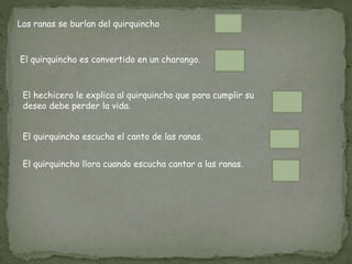 Las ranas se burlan del quirquincho.
El quirquincho es convertido en un charango.
El hechicero le explica al quirquincho que para cumplir su
deseo debe perder la vida.
El quirquincho escucha el canto de las ranas.
El quirquincho llora cuando escucha cantar a las ranas.
 