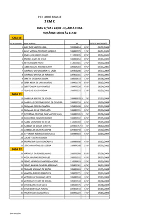 SALA 10
Nº de chamada Nome do Aluno DATA DE NASCIMENTO
1 ALEX DOS SANTOS LIMA 109394814 0 SP 06/02/2004
2 ALINY VITORIA TEODORO HOBOLD 108489579 1 SP 04/01/2005
3 ANA LUIZA RAMOS CLARO 111225835 8 SP 30/04/2005
4 ANDREI ALVES DE JESUS 108494854 0 SP 29/01/2005
5 ARTHUR LIMA PINTO 112001681 2 SP 05/10/2003
6 CLEBER LUCAS RAMOS BURITY 109329203 9 SP 05/01/2005
7 EDUARDO DO NASCIMENTO SALES 109400208 2 SP 29/07/2004
8 EDUARDO SANTOS DE ALMEIDA 109401181 2 SP 09/03/2005
9 EMILYN MEDEIROS COSTA 108500533 1 SP 23/08/2004
10 ESTER KESIA DE LIMA SANTOS 109401170 8 SP 26/12/2004
11 EVERTON DA SILVA SANTOS 109400226 4 SP 28/04/2004
12 FELIPE DE JESUS PEREIRA 108500225 1 SP 02/01/2005
SALA 11
13 GABRIELA BEATRIZ DE SOUZA 108489970 X SP 27/07/2004
14 GABRIELLE CRISTINA EGIDIO DE OLIVEIRA 108499718 6 SP 19/10/2004
15 GEOVANA PEREIRA SANTOS 109401498 9 SP 23/12/2004
16 GEOVANA SILVA TORQUATO 108489555 9 SP 03/10/2004
17 GIOVANNA CRISTINA DOS SANTOS SILVA 108489595 X SP 03/08/2004
18 GUILHERME CANDIDO CONDE 108492932 6 SP 07/05/2004
19 ISABEL MONTEIRO DA SILVA 110694359 4 SP 29/05/2004
20 ISABELLY DE SOUZA GIROTTO 109401767 X SP 08/12/2004
21 IZABELLA DE OLIVEIRA LOPES 109400748 1 SP 14/02/2005
22 JEFFERSON RODRIGUES DE MELO 108489603 5 SP 12/11/2004
23 LUCAS TEIXEIRA CAMILO
24 KAUANE DA SILVA GONCALVES 108489608 4 SP 11/12/2004
25 LETICIA MARTINS DE LUCENA 108494290 2 SP 05/01/2005
SALA 12
26 MATHEUS DA FONSECA LINO 108500268 8 SP 07/08/2004
27 NICOLY RUFINO RODRIGUES 108501532 4 SP 24/07/2004
28 PEDRO HENRIQUE SANTOS MACEDO 110690433 3 SP 30/03/2005
29 PEDRO KAWAN OLIVEIRA MARIANO 109401361 4 SP 24/11/2003
30 TAINARA SORIANO DE BRITO 108489624 2 SP 10/05/2004
31 VANESSA RIBEIRO MARQUES 108675771 3 SP 23/12/2003
32 VICTOR LUIZ CASSIANO LEITE 108489518 3 SP 27/11/2004
33 VICTORIA STEFANY DE SOUZA 109401510 6 SP 06/08/2004
34 VITOR BATISTA DA SILVA 108500475 2 SP 23/08/2004
35 VITOR CORTIELLA POMBO 109402972 5 SP 05/11/2004
36 YNGRIT SILVA GUIMARAES 108491224 7 SP 14/11/2003
P.E.I LOUIS BRAILLE
2 EM C
RA
HORÁRIO: 14h30 ÀS 21h30
DIAS 17/02 e 24/02 - QUARTA-FEIRA
Sem restrições
 