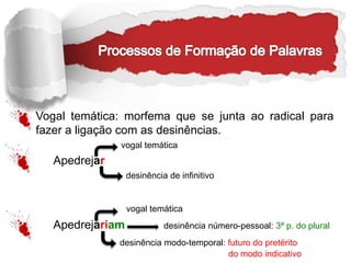 Vogal temática: morfema que se junta ao radical para
fazer a ligação com as desinências.
vogal temática
Apedrejar
desinência de infinitivo
vogal temática
Apedrejariam desinência número-pessoal: 3ª p. do plural
desinência modo-temporal: futuro do pretérito
do modo indicativo
 