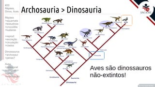 ©
Archosauria > Dinosauria
Prof. Kyoshi Beraldo
©
• O
#20
Répteis,
Dinos, Aves
Répteis
>squamata
>testudines
>crocodilia
>tuataras
>reprod.
>excreção
>circulação
>clados
Dinossauros
>archosaur
>penas?
Aves
>paleognat
>neognat
>penas
>reprodução
 