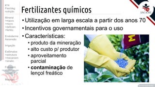 ©
Fertilizantes químicos
•Utilização em larga escala a partir dos anos 70
•Incentivos governamentais para o uso
•Características:
• produto da mineração
• alto custo p/ produtor
• aproveitamento
parcial
• contaminação de
lençol freático
Prof. Kyoshi Beraldo
©
#14
FisioVeg:
nutrição
Mineral
>macro
>micro
>deficien.
>fertiliz.
Endoderme
Ascensão
Irrigação
Estômatos
>estrutura
>mecanism
>sinaliz.
Fotossint.
>fatores
>ponto C.F.
Malpighi
 