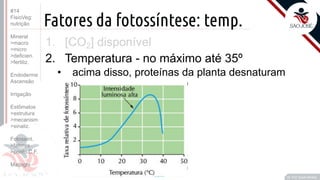 ©
Fatores da fotossíntese: temp.
1. [CO2] disponível
2. Temperatura - no máximo até 35º
• acima disso, proteínas da planta desnaturam
Prof. Kyoshi Beraldo
©
#14
FisioVeg:
nutrição
Mineral
>macro
>micro
>deficien.
>fertiliz.
Endoderme
Ascensão
Irrigação
Estômatos
>estrutura
>mecanism
>sinaliz.
Fotossint.
>fatores
>ponto C.F.
Malpighi
 