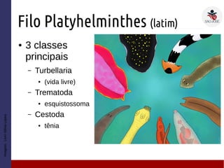 Filo Platyhelminthes (latim)
● 3 classes
principais
– Turbellaria
● (vida livre)
– Trematoda
● esquistossoma
– Cestoda
● tênia
Imagem:LivroSôniaLopes
 