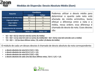 Medidas 
de 
Dispersão: 
Desvio 
Absoluto 
Médio 
(Dam) 
Candidato 
Assunto Podemos 
Leonor Felipe 
Conhecimento 
de 
informática 8,5 9,5 
Língua 
portuguesa 9,5 9 
Língua 
inglesa 8 8,5 
Matemática 7 8 
Conhecimentos 
de 
economia 7 5 
Médias Média 
= 
8,0 Média 
= 
8,0 
uBlizar 
o 
desvio 
médio 
para 
determinar 
o 
quanto 
cada 
nota 
está 
afastada 
da 
média 
aritméBca, 
basta 
efetuar 
a 
diferença 
entre 
a 
nota 
e 
a 
média, 
nessa 
ordem; 
essa 
diferença 
é 
chamada 
do 
desvio 
da 
nota. 
Esses 
desvios 
são: 
• 8,5 
– 
8,0 
= 
0,5 
(a 
nota 
8,5 
está 
0,5 
acima 
da 
média) 
• 9,5 
– 
8,0 
= 
1,5 
(a 
nota 
9,5 
está 
1,5 
acima 
da 
média) 
8,0 
– 
8,0 
= 
0,0 
(a 
nota 
8,0 
coincide 
com 
a 
média) 
• 7,0 
– 
8,0 
= 
-­‐ 
1,0 
(as 
duas 
úl&mas 
notas, 
7,0, 
estão 
1,0 
abaixo 
da 
média) 
O 
módulo 
de 
cada 
um 
desses 
desvios 
é 
chamado 
de 
desvio 
absoluto 
da 
nota 
correspondente: 
• o 
desvio 
absoluto 
da 
nota 
8,5 
é 
( 
0,5 
) 
= 
0,5; 
• o 
desvio 
absoluto 
da 
nota 
9,5 
é 
( 
1,5 
) 
= 
1,5; 
• o 
desvio 
absoluto 
da 
nota 
8,0 
é 
( 
0,0 
) 
= 
0,0; 
• o 
desvio 
absoluto 
de 
cada 
uma 
das 
duas 
úl&mas 
notas, 
7,0 
é 
( 
-­‐1,0 
) 
= 
1,0. 
 