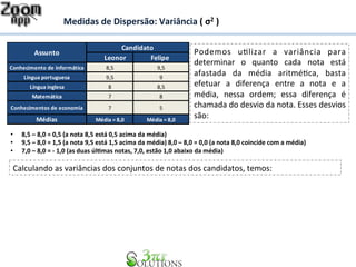 Medidas 
de 
Dispersão: 
Variância 
( 
σ2 
) 
Candidato 
Assunto Podemos 
Leonor Felipe 
Conhecimento 
de 
informática 8,5 9,5 
Língua 
portuguesa 9,5 9 
Língua 
inglesa 8 8,5 
Matemática 7 8 
Conhecimentos 
de 
economia 7 5 
Médias Média 
= 
8,0 Média 
= 
8,0 
u7lizar 
a 
variância 
para 
determinar 
o 
quanto 
cada 
nota 
está 
afastada 
da 
média 
aritmé7ca, 
basta 
efetuar 
a 
diferença 
entre 
a 
nota 
e 
a 
média, 
nessa 
ordem; 
essa 
diferença 
é 
chamada 
do 
desvio 
da 
nota. 
Esses 
desvios 
são: 
• 8,5 
– 
8,0 
= 
0,5 
(a 
nota 
8,5 
está 
0,5 
acima 
da 
média) 
• 9,5 
– 
8,0 
= 
1,5 
(a 
nota 
9,5 
está 
1,5 
acima 
da 
média) 
8,0 
– 
8,0 
= 
0,0 
(a 
nota 
8,0 
coincide 
com 
a 
média) 
• 7,0 
– 
8,0 
= 
-­‐ 
1,0 
(as 
duas 
úl&mas 
notas, 
7,0, 
estão 
1,0 
abaixo 
da 
média) 
Calculando 
as 
variâncias 
dos 
conjuntos 
de 
notas 
dos 
candidatos, 
temos: 
 