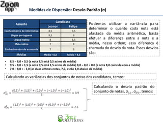 Medidas 
de 
Dispersão: 
Desvio 
Padrão 
(σ) 
Candidato 
Assunto Podemos 
Leonor Felipe 
Conhecimento 
de 
informática 8,5 9,5 
Língua 
portuguesa 9,5 9 
Língua 
inglesa 8 8,5 
Matemática 7 8 
Conhecimentos 
de 
economia 7 5 
Médias Média 
= 
8,0 Média 
= 
8,0 
uHlizar 
a 
variância 
para 
determinar 
o 
quanto 
cada 
nota 
está 
afastada 
da 
média 
aritméHca, 
basta 
efetuar 
a 
diferença 
entre 
a 
nota 
e 
a 
média, 
nessa 
ordem; 
essa 
diferença 
é 
chamada 
do 
desvio 
da 
nota. 
Esses 
desvios 
são: 
• 8,5 
– 
8,0 
= 
0,5 
(a 
nota 
8,5 
está 
0,5 
acima 
da 
média) 
• 9,5 
– 
8,0 
= 
1,5 
(a 
nota 
9,5 
está 
1,5 
acima 
da 
média) 
8,0 
– 
8,0 
= 
0,0 
(a 
nota 
8,0 
coincide 
com 
a 
média) 
• 7,0 
– 
8,0 
= 
-­‐ 
1,0 
(as 
duas 
úl&mas 
notas, 
7,0, 
estão 
1,0 
abaixo 
da 
média) 
Calculando 
as 
variâncias 
dos 
conjuntos 
de 
notas 
dos 
candidatos, 
temos: 
Calculando 
o 
desvio 
padrão 
do 
conjunto 
de 
notas, 
σ(L) 
, 
σ(F) 
, 
temos: 
 