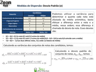 Medidas 
de 
Dispersão: 
Desvio 
Padrão 
(σ) 
Candidato 
Assunto Podemos 
Leonor Felipe 
Conhecimento 
de 
informática 8,5 9,5 
Língua 
portuguesa 9,5 9 
Língua 
inglesa 8 8,5 
Matemática 7 8 
Conhecimentos 
de 
economia 7 5 
Médias Média 
= 
8,0 Média 
= 
8,0 
uHlizar 
a 
variância 
para 
determinar 
o 
quanto 
cada 
nota 
está 
afastada 
da 
média 
aritméHca, 
basta 
efetuar 
a 
diferença 
entre 
a 
nota 
e 
a 
média, 
nessa 
ordem; 
essa 
diferença 
é 
chamada 
do 
desvio 
da 
nota. 
Esses 
desvios 
são: 
• 8,5 
– 
8,0 
= 
0,5 
(a 
nota 
8,5 
está 
0,5 
acima 
da 
média) 
• 9,5 
– 
8,0 
= 
1,5 
(a 
nota 
9,5 
está 
1,5 
acima 
da 
média) 
8,0 
– 
8,0 
= 
0,0 
(a 
nota 
8,0 
coincide 
com 
a 
média) 
• 7,0 
– 
8,0 
= 
-­‐ 
1,0 
(as 
duas 
úl&mas 
notas, 
7,0, 
estão 
1,0 
abaixo 
da 
média) 
Calculando 
as 
variâncias 
dos 
conjuntos 
de 
notas 
dos 
candidatos, 
temos: 
Calculando 
o 
desvio 
padrão 
do 
conjunto 
de 
notas, 
σ(L) 
, 
σ(F) 
, 
temos: 
 