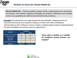 Medidas 
de 
Dispersão: 
Desvio 
Padrão 
(σ) 
Desvio 
Padrão 
(σ) 
– 
O 
desvio 
padrão 
também 
mede 
o 
afastamento 
dos 
elementos 
da 
amostra, 
mas 
atende 
a 
algumas 
limitações 
da 
variância. 
Definimos 
essa 
medida 
como 
a 
raiz 
quadrada 
da 
variância 
dos 
elementos 
das 
amostras. 
Exemplo: 
Para 
preencher 
uma 
vaga 
de 
gerente 
de 
produção, 
o 
departamento 
de 
recursos 
humanos 
de 
uma 
empresa 
realizou 
um 
teste 
com 
vários 
candidatos, 
selecionando 
os 
dois 
melhores: 
Leonor 
e 
Felipe. 
A 
tabela 
abaixo 
mostra 
os 
desempenhos 
dos 
dois 
candidatos 
nas 
provas 
a 
que 
se 
submeteram: 
Candidato 
Leonor Felipe 
Conhecimento 
de 
informática 8,5 9,5 
Língua 
portuguesa 9,5 9 
Língua 
inglesa 8 8,5 
Matemática 7 8 
Conhecimentos 
de 
economia 7 5 
Médias Média 
= 
8,0 Média 
= 
8,0 
Assunto 
Como 
saber 
o 
melhor 
se 
a 
medida 
de 
tendência 
central 
fornece 
um 
empate? 
 