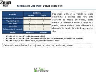 Medidas 
de 
Dispersão: 
Desvio 
Padrão 
(σ) 
Candidato 
Assunto Podemos 
Leonor Felipe 
Conhecimento 
de 
informática 8,5 9,5 
Língua 
portuguesa 9,5 9 
Língua 
inglesa 8 8,5 
Matemática 7 8 
Conhecimentos 
de 
economia 7 5 
Médias Média 
= 
8,0 Média 
= 
8,0 
uHlizar 
a 
variância 
para 
determinar 
o 
quanto 
cada 
nota 
está 
afastada 
da 
média 
aritméHca, 
basta 
efetuar 
a 
diferença 
entre 
a 
nota 
e 
a 
média, 
nessa 
ordem; 
essa 
diferença 
é 
chamada 
do 
desvio 
da 
nota. 
Esses 
desvios 
são: 
• 8,5 
– 
8,0 
= 
0,5 
(a 
nota 
8,5 
está 
0,5 
acima 
da 
média) 
• 9,5 
– 
8,0 
= 
1,5 
(a 
nota 
9,5 
está 
1,5 
acima 
da 
média) 
8,0 
– 
8,0 
= 
0,0 
(a 
nota 
8,0 
coincide 
com 
a 
média) 
• 7,0 
– 
8,0 
= 
-­‐ 
1,0 
(as 
duas 
úl&mas 
notas, 
7,0, 
estão 
1,0 
abaixo 
da 
média) 
Calculando 
as 
variâncias 
dos 
conjuntos 
de 
notas 
dos 
candidatos, 
temos: 
 