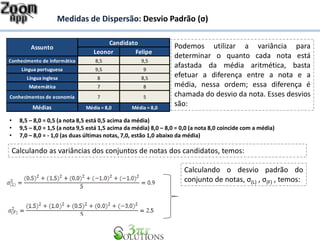 Leonor Felipe
Conhecimento de informática 8,5 9,5
Língua portuguesa 9,5 9
Língua inglesa 8 8,5
Matemática 7 8
Conhecimentos de economia 7 5
Médias Média = 8,0 Média = 8,0
Candidato
Assunto Podemos utilizar a variância para
determinar o quanto cada nota está
afastada da média aritmética, basta
efetuar a diferença entre a nota e a
média, nessa ordem; essa diferença é
chamada do desvio da nota. Esses desvios
são:
• 8,5 – 8,0 = 0,5 (a nota 8,5 está 0,5 acima da média)
• 9,5 – 8,0 = 1,5 (a nota 9,5 está 1,5 acima da média) 8,0 – 8,0 = 0,0 (a nota 8,0 coincide com a média)
• 7,0 – 8,0 = - 1,0 (as duas últimas notas, 7,0, estão 1,0 abaixo da média)
Calculando as variâncias dos conjuntos de notas dos candidatos, temos:
Medidas de Dispersão: Desvio Padrão (σ)
Calculando o desvio padrão do
conjunto de notas, σ(L) , σ(F) , temos:
 