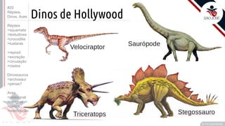 ©
Dinos de Hollywood
Prof. Kyoshi Beraldo
©
#20
Répteis,
Dinos, Aves
Répteis
>squamata
>testudines
>crocodilia
>tuataras
>reprod.
>excreção
>circulação
>clados
Dinossauros
>archosaur
>penas?
Aves
>paleognat
>neognat
>penas
>reprodução
 
