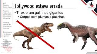 ©
Hollywood estava errada
Prof. Kyoshi Beraldo
©
• T-rex eram galinhas gigantes
• Corpos com plumas e patinhas
#20
Répteis,
Dinos, Aves
Répteis
>squamata
>testudines
>crocodilia
>tuataras
>reprod.
>excreção
>circulação
>clados
Dinossauros
>archosaur
>penas?
Aves
>paleognat
>neognat
>penas
>reprodução
 