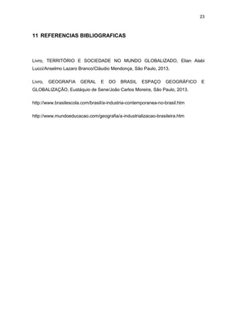 23
11 REFERENCIAS BIBLIOGRAFICAS
Livro, TERRITÓRIO E SOCIEDADE NO MUNDO GLOBALIZADO, Elian Alabi
Lucci/Anselmo Lazaro Branco/Cláudio Mendonça, São Paulo, 2013.
Livro, GEOGRAFIA GERAL E DO BRASIL ESPAÇO GEOGRÁFICO E
GLOBALIZAÇÃO, Eustáquio de Sene/João Carlos Moreira, São Paulo, 2013.
http://www.brasilescola.com/brasil/a-industria-contemporanea-no-brasil.htm
http://www.mundoeducacao.com/geografia/a-industrializacao-brasileira.htm
 