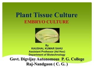 Plant Tissue Culture
EMBRYO CULTURE
By
KAUSHAL KUMAR SAHU
Assistant Professor (Ad Hoc)
Department of Biotechnology
Govt. Digvijay Autonomous P. G. College
Raj-Nandgaon ( C. G. )
 