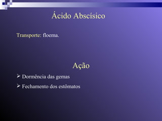 Ácido Abscísico 
Transporte: floema. 
Ação 
 Dormência das gemas 
 Fechamento dos estômatos 
 