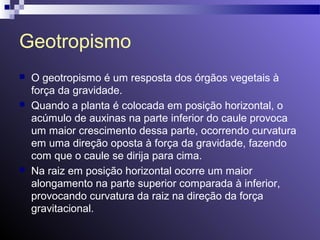 Geotropismo 
 O geotropismo é um resposta dos órgãos vegetais à 
força da gravidade. 
 Quando a planta é colocada em posição horizontal, o 
acúmulo de auxinas na parte inferior do caule provoca 
um maior crescimento dessa parte, ocorrendo curvatura 
em uma direção oposta à força da gravidade, fazendo 
com que o caule se dirija para cima. 
 Na raiz em posição horizontal ocorre um maior 
alongamento na parte superior comparada à inferior, 
provocando curvatura da raiz na direção da força 
gravitacional. 
 