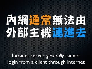 內網通常無法由

外部主機連進去
Intranet server generally cannot
login from a client through internet
 