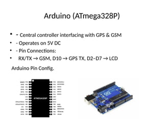 Arduino (ATmega328P)
• - Central controller interfacing with GPS & GSM
• - Operates on 5V DC
• - Pin Connections:
• RX/TX → GSM, D10 → GPS TX, D2–D7 → LCD
Arduino Pin Config.
 