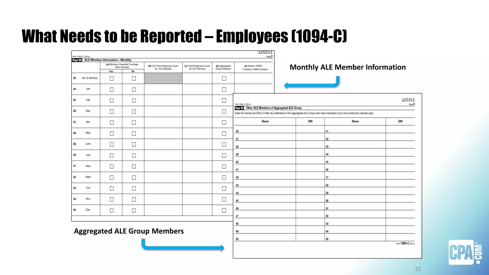 What Needs to be Reported – Employees (1094-C)
Monthly ALE Member Information
Aggregated ALE Group Members
23
 