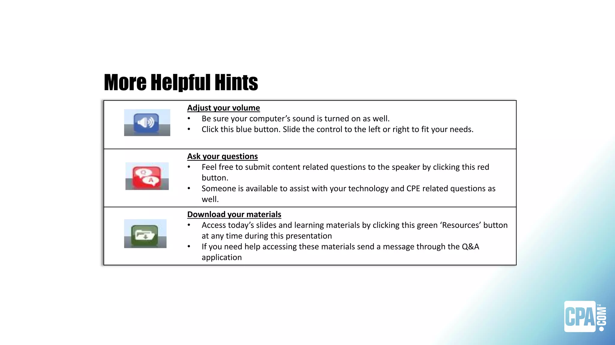 More Helpful Hints
Adjust your volume
• Be sure your computer’s sound is turned on as well.
• Click this blue button. Slide the control to the left or right to fit your needs.
Ask your questions
• Feel free to submit content related questions to the speaker by clicking this red
button.
• Someone is available to assist with your technology and CPE related questions as
well.
Download your materials
• Access today’s slides and learning materials by clicking this green ‘Resources’ button
at any time during this presentation
• If you need help accessing these materials send a message through the Q&A
application
 