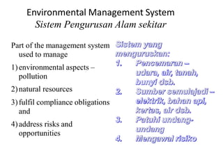 Environmental Management System
Sistem Pengurusan Alam sekitar
Part of the management system
used to manage
1)environmental aspects –
pollution
2)natural resources
3)fulfil compliance obligations
and
4)address risks and
opportunities
 