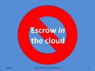 Escrow in
the cloud
17Stephan Peters, Deposix Software Escrow25.09.2013
 