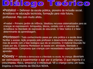 Diálogo Teórico Pestalozi –  Defensor da escola pública, pioneiro da inclusão social. Acreditava na educação tecnicista, formação para vida futura, profissional. Mas com muito afeto . Froebel – Primeiro jardim de infância. Idealizou recursos sistematizados para as crianças se expressarem: brinquedos, blocos, contato com a natureza etc. Acreditava na liberdade de expressão do educando. O fator lúdico é o fator determinante da aprendizagem. Montessori–   Todo conhecimento passa por uma prática e a escola deve facilitar o acesso. Ação proposta pelo professor e desenvolvida pelas crianças, mas de acordo com a fase biológica que ela se encontra. O material Dourado foi criado por ela. O sistema Montessori se baseia em: atividade, liberdade e individualidade. Comprovou que crianças com necessidades especiais podem aprender. Dewey –  defendia a democracia e a liberdade na escola. As crianças   deveriam ser estimuladas a experimentar e agir por si próprias. O que importa é o crescimento: físico, emocional e intelectual. Vê a criança como um todo. Inspirou o movimento da ESCOLA NOVA. 