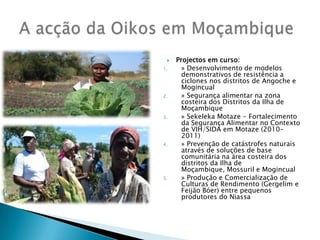 Projectos em curso:» Desenvolvimento de modelos demonstrativos de resistência a ciclones nos distritos de Angoche e Mogincual» Segurança alimentar na zona costeira dos Distritos da Ilha de Moçambique» SekelekaMotaze - Fortalecimento da Segurança Alimentar no Contexto de VIH/SIDA em Motaze (2010-2011)» Prevenção de catástrofes naturais através de soluções de base comunitária na área costeira dos distritos da Ilha de Moçambique, Mossuril e Mogincual» Produção e Comercialização de Culturas de Rendimento (Gergelim e Feijão Bóer) entre pequenos produtores do NiassaA acção da Oikos em Moçambique 