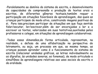 -Paralelamente ao domínio do sistema de escrita, o desenvolvimento
de capacidades de compreensão e produção de textos orais e
escritos, de diferentes gêneros textuais,também requer a
participação em situações favoráveis de aprendizagem, das quais as
crianças participem de modo ativo, construindo imagens positivas de
si. Para isso,precisam participar de situações em que faça sentido
falar/escutar, ler/escrever,além de ser encorajadas a ler e a
escrever os textos, valorizadas em suas tentativas,auxiliadas pelos
professores e colegas, em situações de aprendizagem colaborativas.
-Todas essas dimensões,de forma articulada, representam, na
realidade, a defesa de uma alfabetização na perspectiva do
letramento, ou seja, um processo em que, ao mesmo tempo, as
crianças possam aprender como é o funcionamento do sistema de
escrita (relacionar unidades gráficas, as letras individualmente ou
os dígrafos, às unidades sonoras, os fonemas), de modo articulado e
simultâneo às aprendizagens relativas aos usos sociais da escrita e
da oralidade.

 