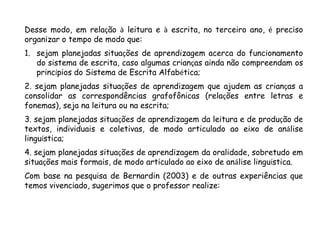 Desse modo, em relação à leitura e à escrita, no terceiro ano, é preciso
organizar o tempo de modo que:
1. sejam planejadas situações de aprendizagem acerca do funcionamento
do sistema de escrita, caso algumas crianças ainda não compreendam os
princípios do Sistema de Escrita Alfabética;
2. sejam planejadas situações de aprendizagem que ajudem as crianças a
consolidar as correspondências grafofônicas (relações entre letras e
fonemas), seja na leitura ou na escrita;
3. sejam planejadas situações de aprendizagem da leitura e de produção de
textos, individuais e coletivas, de modo articulado ao eixo de análise
linguística;
4. sejam planejadas situações de aprendizagem da oralidade, sobretudo em
situações mais formais, de modo articulado ao eixo de análise linguística.
Com base na pesquisa de Bernardin (2003) e de outras experiências que
temos vivenciado, sugerimos que o professor realize:

 