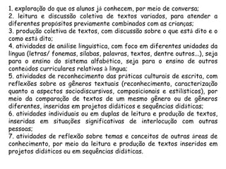 1. exploração do que os alunos já conhecem, por meio de conversa;
2. leitura e discussão coletiva de textos variados, para atender a
diferentes propósitos previamente combinados com as crianças;
3. produção coletiva de textos, com discussão sobre o que está dito e o
como está dito;
4. atividades de análise linguística, com foco em diferentes unidades da
língua (letras/ fonemas, sílabas, palavras, textos, dentre outros...), seja
para o ensino do sistema alfabético, seja para o ensino de outros
conteúdos curriculares relativos à língua;
5. atividades de reconhecimento das práticas culturais de escrita, com
reflexões sobre os gêneros textuais (reconhecimento, caracterização
quanto a aspectos sociodiscursivos, composicionais e estilísticos), por
meio da comparação de textos de um mesmo gênero ou de gêneros
diferentes, inseridas em projetos didáticos e sequências didáticas;
6. atividades individuais ou em duplas de leitura e produção de textos,
inseridas em situações significativas de interlocução com outras
pessoas;
7. atividades de reflexão sobre temas e conceitos de outras áreas de
conhecimento, por meio da leitura e produção de textos inseridos em
projetos didáticos ou em sequências didáticas.

 