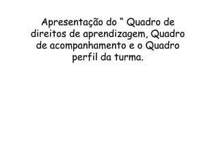 Apresentação do “ Quadro de
direitos de aprendizagem, Quadro
de acompanhamento e o Quadro
perfil da turma.

 