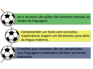 Ler e escrever são ações não somente restritas ao
campo da linguagem.
Compreender um texto com conceitos
matemáticos exigem um letramento para além
da língua materna.
À medida que conceitos vão ser apropriados,
uma linguagem matemática também vai sendo
elaborada.
 