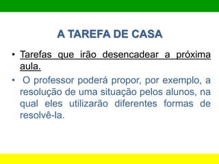 A TAREFA DE CASA
• Tarefas que irão desencadear a próxima
aula.
• O professor poderá propor, por exemplo, a
resolução de uma situação pelos alunos, na
qual eles utilizarão diferentes formas de
resolvê-la.
 