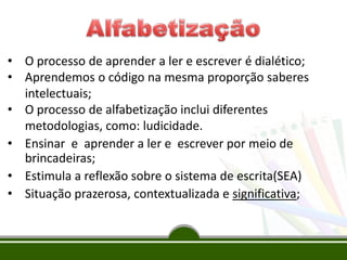 • O processo de aprender a ler e escrever é dialético;
• Aprendemos o código na mesma proporção saberes
intelectuais;
• O processo de alfabetização inclui diferentes
metodologias, como: ludicidade.
• Ensinar e aprender a ler e escrever por meio de
brincadeiras;
• Estimula a reflexão sobre o sistema de escrita(SEA)
• Situação prazerosa, contextualizada e significativa;
 