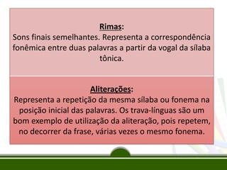 Níveis de Consciência Fonológica
Rimas e Aliterações;
Ex.: Café – Boné
Sílabas;
Ex.: Faca - Fada
Fonemas;
Ex.: Vida – Vento
Rimas:
Sons finais semelhantes. Representa a correspondência
fonêmica entre duas palavras a partir da vogal da sílaba
tônica.
Aliterações:
Representa a repetição da mesma sílaba ou fonema na
posição inicial das palavras. Os trava-línguas são um
bom exemplo de utilização da aliteração, pois repetem,
no decorrer da frase, várias vezes o mesmo fonema.
 