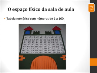 O espaço físico da sala de aula
• Tabela numérica com números de 1 a 100.
Pág
16
 