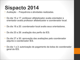 Sispacto 2014
• Avaliação - Frequência e atividades realizadas.
• Do dia 15 a 17: professor alfabetizador avalia orientador e
orientador avalia professor alfabetizador e coordenador local.
• Do dia 18 a 20: coordenador local avalia seus orientadores.
• Do dia 20 a 26: avaliação dos perfis da IES.
• Do dia 27 a 30: aprovação das avaliações pelo coordenador
adjunto e coordenador IES.
• Do dia 1 a 3: autorização de pagamento da bolsa do coordenador
geral da IES.
 