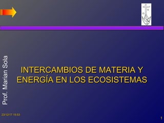 Prof.MarianSolaProf.MarianSola
23/12/1723/12/17 15:5315:53
11
INTERCAMBIOS DE MATERIA YINTERCAMBIOS DE MATERIA Y
ENERGÍA EN LOS ECOSISTEMASENERGÍA EN LOS ECOSISTEMAS
 