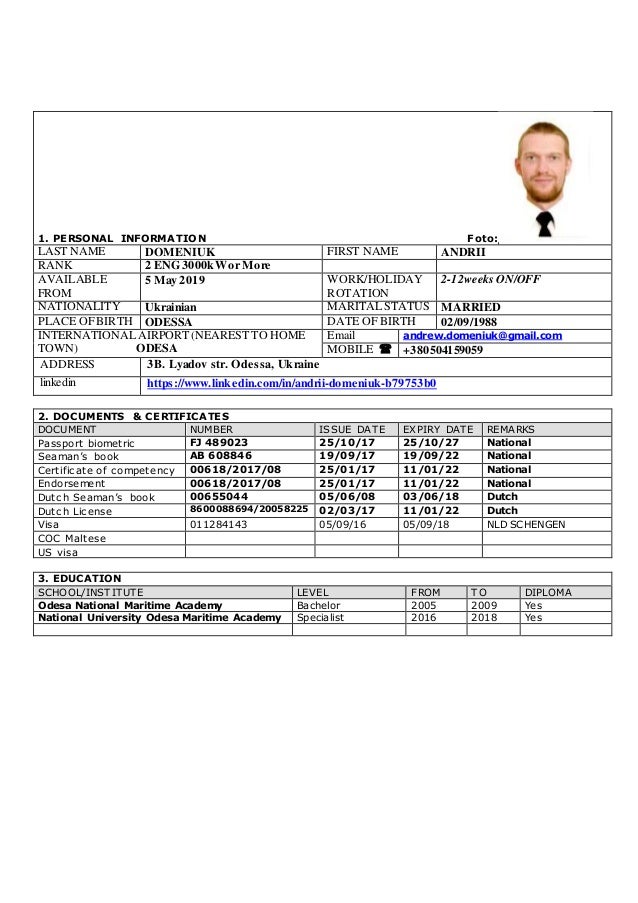 2nd Engineer Cv And Application Form Domeniuk Andrii