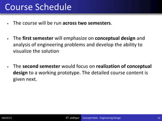 IIT Jodhpur
• The course will be run across two semesters.
• The first semester will emphasize on conceptual design and
analysis of engineering problems and develop the ability to
visualize the solution
• The second semester would focus on realization of conceptual
design to a working prototype. The detailed course content is
given next.
Course Schedule
28/02/21 12
Concept Note - Engineering Design
 