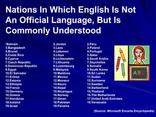 Nations In Which English Is Not An Official Language ,  But Is Commonly Understood (Source:  Microsoft Encarta Encyclopedia ) Peru  Poland  Portugal  Qatar  Saudi Arabia  Seychelles  Somalia  South Korea  Sri Lanka  Sudan  Suriname  Sweden  Switzerland  Thailand  The Netherlands  United Arab Emirates  Venezuela  Jordon  Laos  Lebanon  Libya  Lichtenstein  Lithuania  Luxembourg     Malaysia  Maldives  Mexico  Monaco  Nauru  Nepal  Nicaragua  Norway  Oman  Pakistan  Panama  Bahrain  Bangladesh  Brunei  Costa Rica  Cyprus  Czech Republic  Dominican Republic     Egypt  El Salvador  Eritrea  Estonia  Ethiopia  France  Germany  Greece  Honduras  Iceland  Israel  