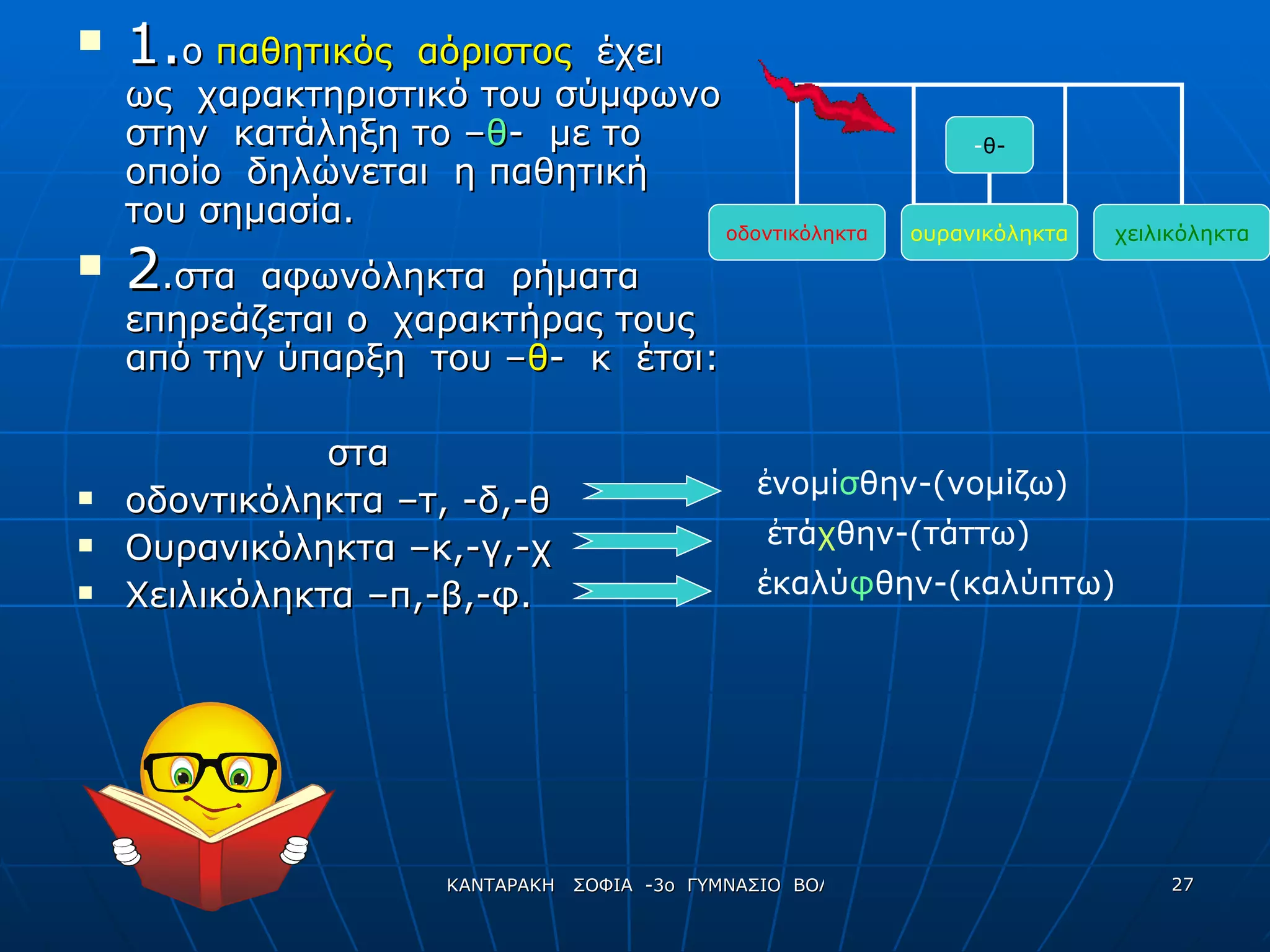1. ο  παθητικός  αόριστος   έχει  ως  χαρακτηριστικό του σύμφωνο στην  κατάληξη το – θ -  με το οποίο  δηλώνεται  η παθητική  του σημασία. 2 .στα  αφωνόληκτα  ρήματα  επηρεάζεται ο  χαρακτήρας τους από την ύπαρξη  του – θ -  κ  έτσι: στα  οδοντικόληκτα –τ, -δ,-θ Ουρανικόληκτα –κ,-γ,-χ Χειλικόληκτα –π,-β,-φ. ἐ νομί σ θην-(νομίζω) ἐ τά χ θην-(τάττω) ἐ καλύ φ θην-(καλύπτω) - θ- οδοντικόληκτα ουρανικόληκτα χειλικόληκτα 