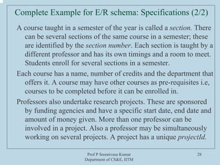 Prof P Sreenivasa Kumar
Department of CS&E, IITM
28
Complete Example for E/R schema: Specifications (2/2)
A course taught in a semester of the year is called a section. There
can be several sections of the same course in a semester; these
are identified by the section number. Each section is taught by a
different professor and has its own timings and a room to meet.
Students enroll for several sections in a semester.
Each course has a name, number of credits and the department that
offers it. A course may have other courses as pre-requisites i.e,
courses to be completed before it can be enrolled in.
Professors also undertake research projects. These are sponsored
by funding agencies and have a specific start date, end date and
amount of money given. More than one professor can be
involved in a project. Also a professor may be simultaneously
working on several projects. A project has a unique projectId.
 
