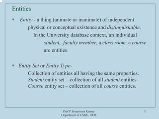 Prof P Sreenivasa Kumar
Department of CS&E, IITM
3
Entities
Entity - a thing (animate or inanimate) of independent
physical or conceptual existence and distinguishable.
In the University database context, an individual
student, faculty member, a class room, a course
are entities.
Entity Set or Entity Type-
Collection of entities all having the same properties.
Student entity set – collection of all student entities.
Course entity set – collection of all course entities.
 
