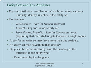 Prof P Sreenivasa Kumar
Department of CS&E, IITM
9
Entity Sets and Key Attributes
• Key – an attribute or a collection of attributes whose value(s)
uniquely identify an entity in the entity set.
• For instance,
• RollNumber - Key for Student entity set
• EmpID - Key for Faculty entity set
• HostelName, RoomNo - Key for Student entity set
(assuming that each student gets to stay in a single room)
• A key for an entity set may have more than one attribute.
• An entity set may have more than one key.
• Keys can be determined only from the meaning of the
attributes in the entity type.
• Determined by the designers
 