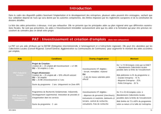 Introduction
Dans le cadre des dispositifs publics favorisant l’implantation et le développement des entreprises, plusieurs aides peuvent être envisagées, sachant que
leur validation dépend de l’avis qui sera donné par les autorités compétentes, des limites imposées par les règlements européens et de la constitution de
dossiers détaillés.

La liste des aides présentées ci-dessous, n’est pas exhaustive. Elle ne présente que les principales aides au plan régional ainsi que différentes exonéra-
tions fiscales. Ne sont pas présentées, les aides à l’investissement immobilier exclusivement ainsi que les aides à la formation qui pour être précises né-
cessitent de connaître plus en détail votre projet.



                         PAT : Investissement et création d’emplois                                              (liste non exhaustive)


La PAT est une aide attribuée par la DATAR (Délégation interministérielle à l’aménagement et à l’attractivité régionale). Elle peut être abondées par les
Collectivités Locales (Conseil Régional, Conseil Général, Agglomération ou Communautés de Communes) pour augmenter le montant des aides accordées
par emplois.


           Aide                                 Conditions                             Champ d’application                                 Montant

                         Projet de Création :
                         création de + 25 emplois et Investissement > à 5 M€                                              De 1 à 15 K€/empois créés par la DIACT
                         OU + 50 emplois à 3 ans                                                                          + Abondements Collectivités locales
                                                                                Investissements HT éligibles :            possible dans la limite de l’encadrement
                                                                                - terrain, immobilier, matériel
     PAT Industrie       Projet d’Extension :
       Service           Création de + 25 emplois et + 50% effectif existant    OU                                        Aide plafonnée à x% du programme si :
                         OU + 50 emplois                                        - 2 ans de masse salariales plein         - Grande Entreprise : 15 %
                         OU + 25 M€ d’investissement à 3 ans                    effectif
                                                                                                                          - Moyenne Entreprise : 25%
                                                                                                                          - Petite Entreprise : 35 %
                         Durée du programme : 3 ans. Uniquement en Zone AFR.


                         Programmes de Recherche fondamentale, Industrielle,    Investissements HT éligibles :            De 15 à 25 K€/emplois créés +
    PAT Recherche        Développement expérimental, Innovation de procédé et   - dépenses de personnel (chercheurs), Abondements Collectivités locales
    Développement        d’organisation dans les services                       instruments et matériels, bâtiments et possibles dans la limite de l’encadrement
      Innovation                                                                terrains, contrat de recherche,           Aide limitée de 15 à 60% du programme
                         Durée du programme : 5 ans                             consultants, frais de recherche           selon sa nature et la taille de l’entreprise


SPECIMEN                                                                                                                                                             33
 